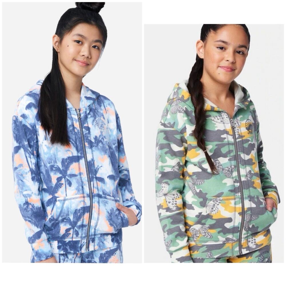 Lot Of 2 Justice Blue Green Fleece Full Zip Up Girls Hoodie Jacket Size L 12/14